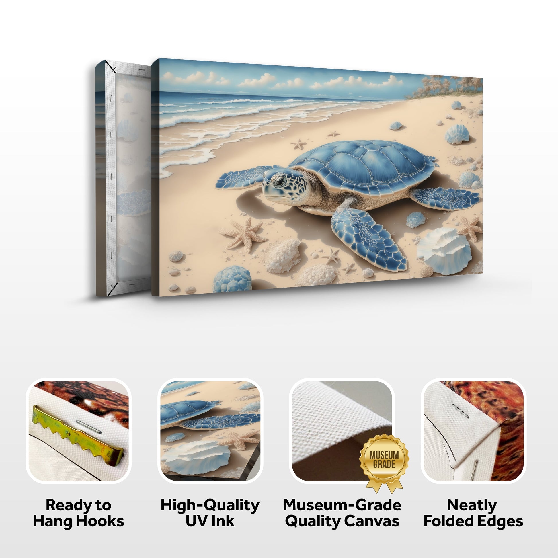 3D Coastal Wall Art canvas by Tailored Canvases with a blue sea turtle on sandy beach on Tampa Home & Garden Store