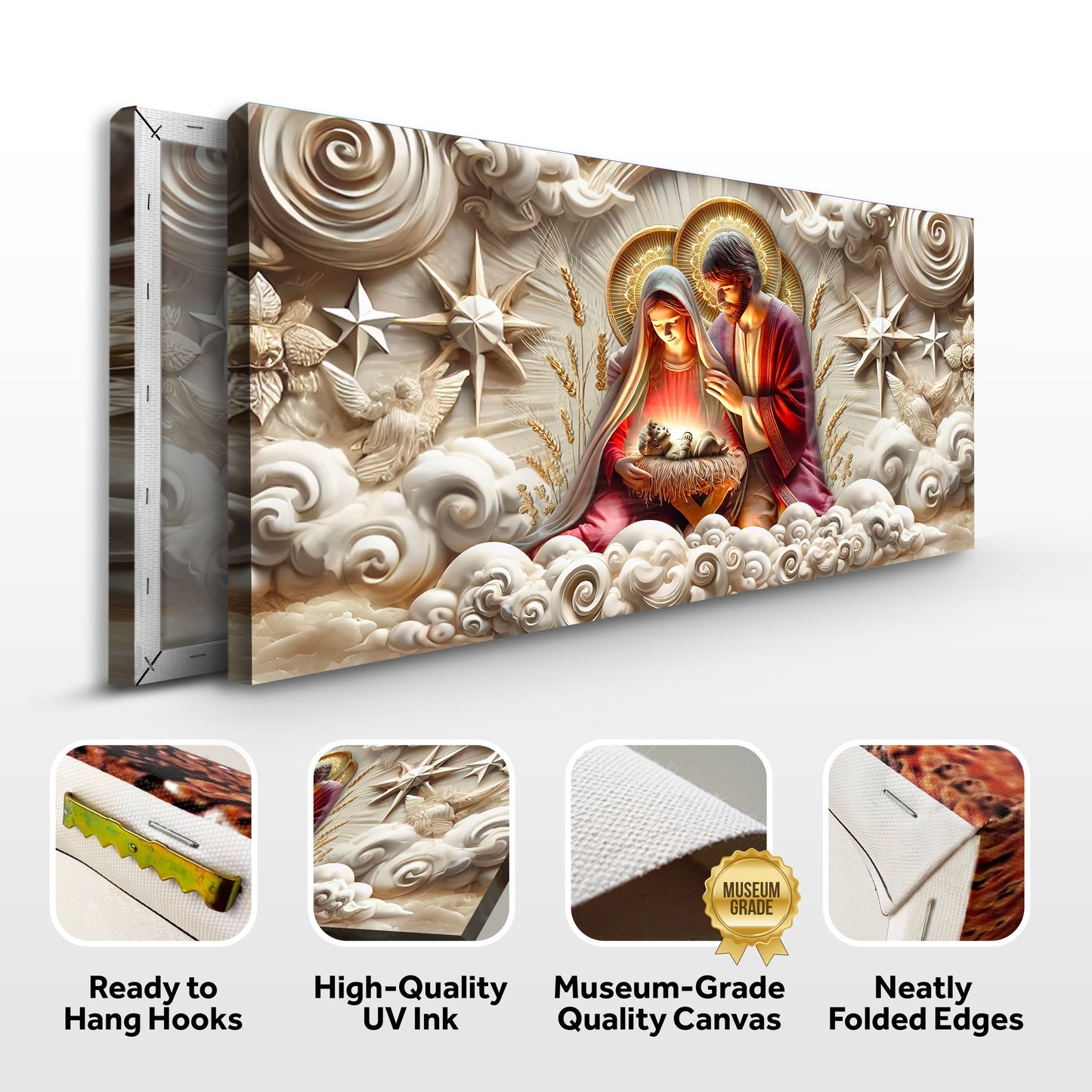 3D Faith Wall Art canvas by Tailored Canvases depicting a nativity scene with haloed figures on Tampa Home & Garden Store