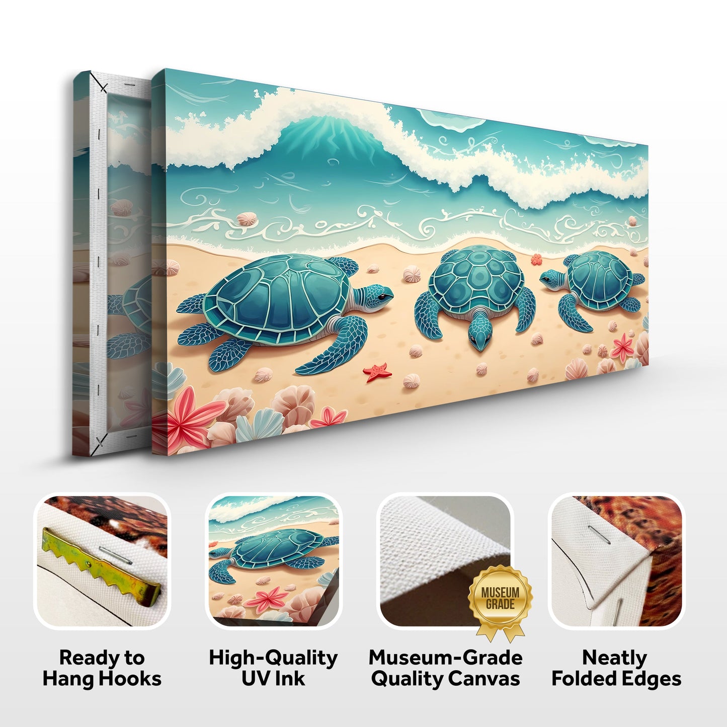 3D Coastal Wall Art II canvas by Tailored Canvases; turquoise sea and turtles on beach, two-panel on Tampa Home & Garden Store
