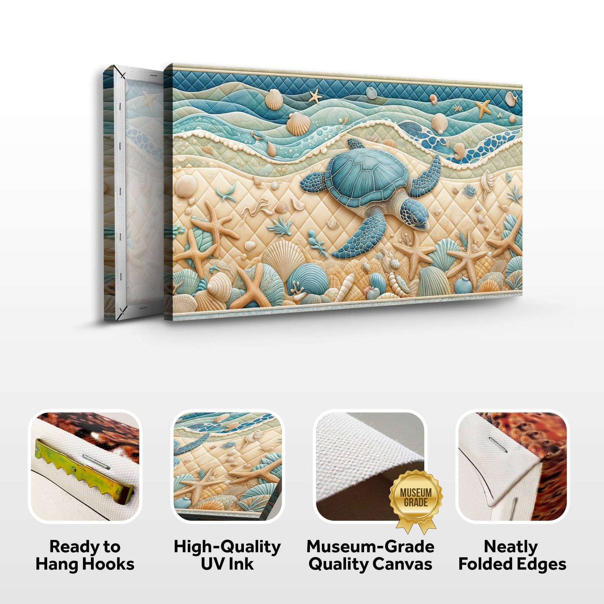 3D Coastal Wall Art IV canvas by Tailored Canvases, teal ocean-life quilting with seashells on Tampa Home & Garden Store