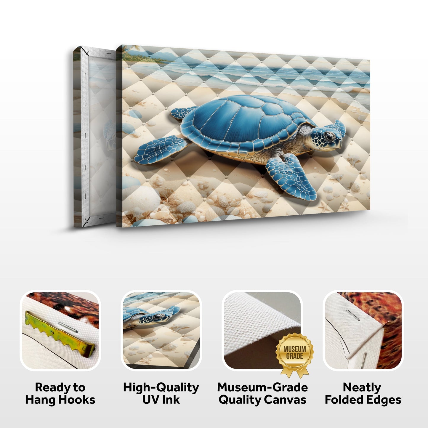 3D coastal wall art canvas featuring a blue sea turtle on a diamond-patterned beach backdrop on Tampa Home & Garden Store