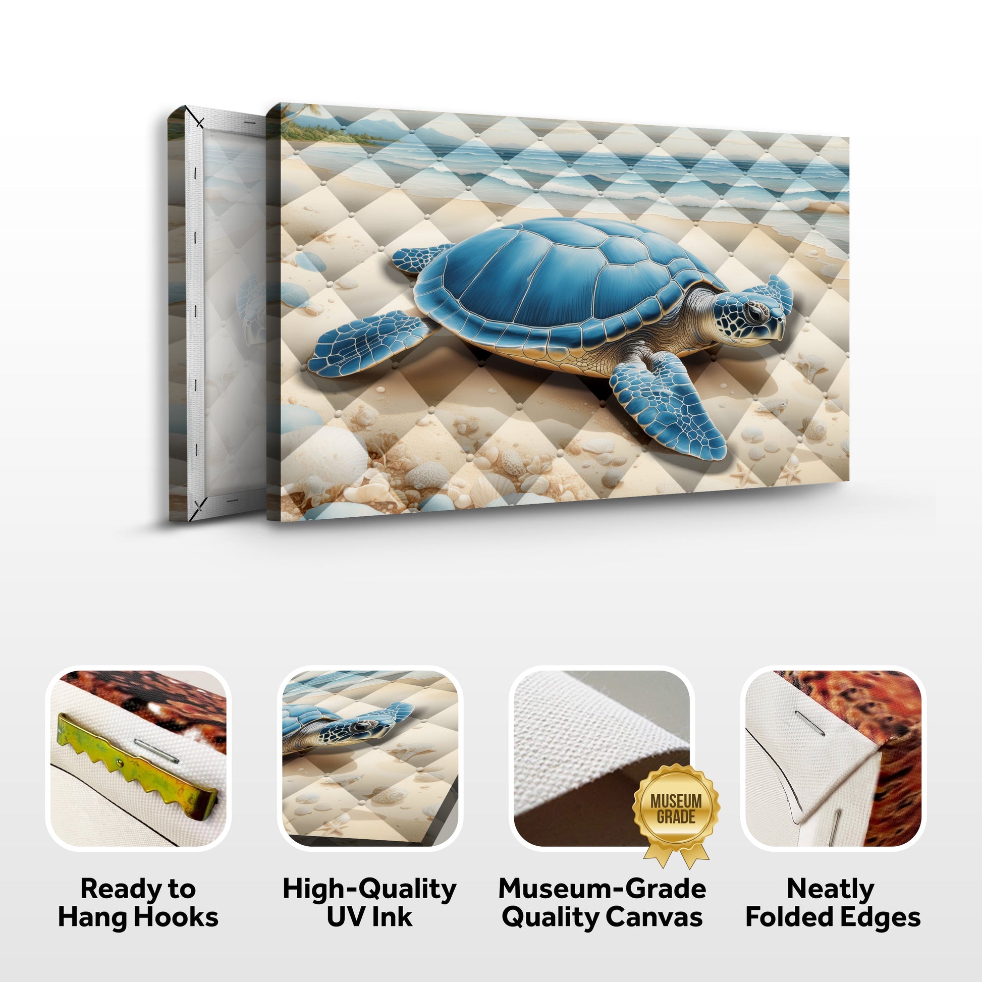 3D coastal wall art canvas featuring a blue sea turtle on a diamond-patterned beach backdrop on Tampa Home & Garden Store