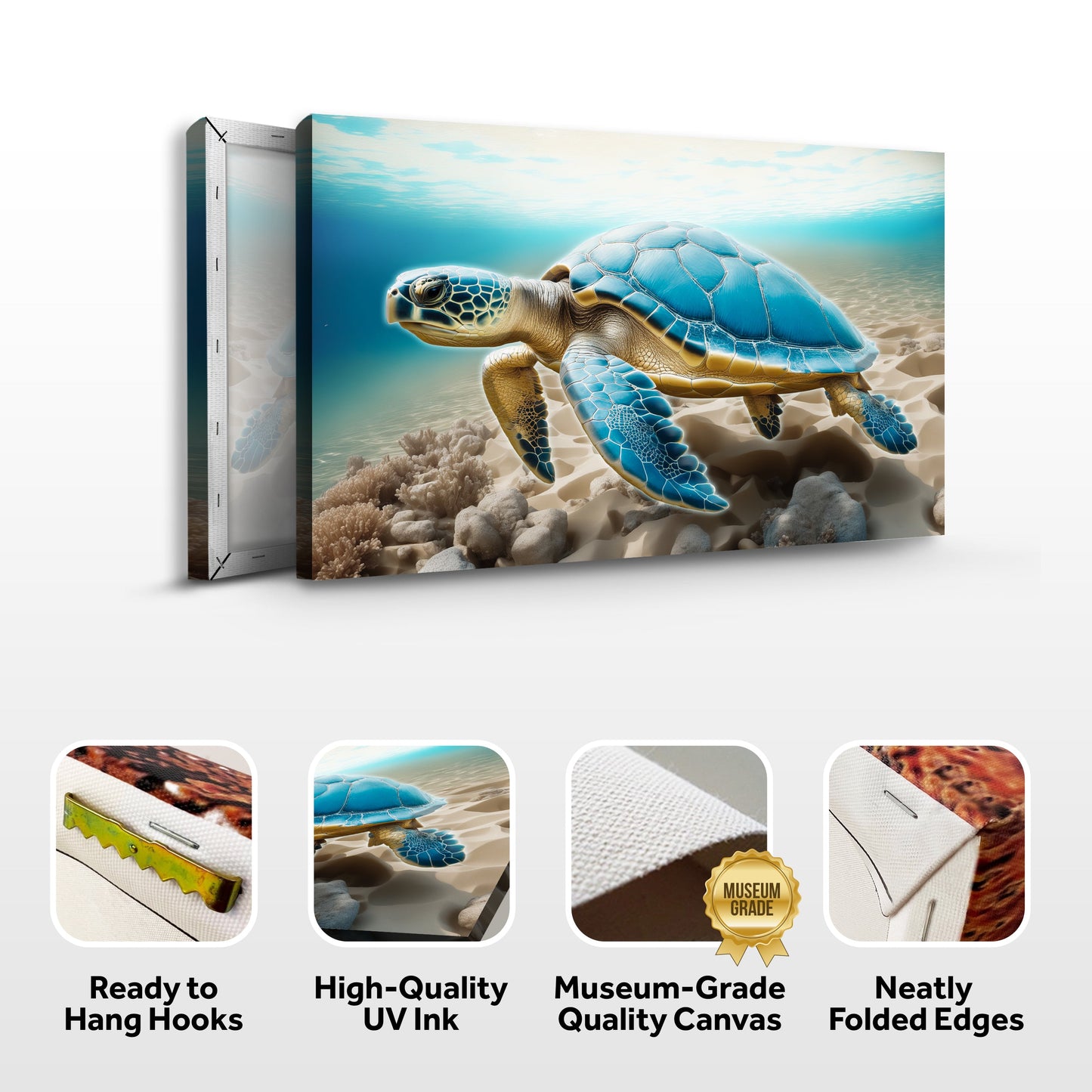 3D Coastal Wall Art VI canvas by Tailored Canvases, blue sea turtle over sandy shoreline on Tampa Home & Garden Store