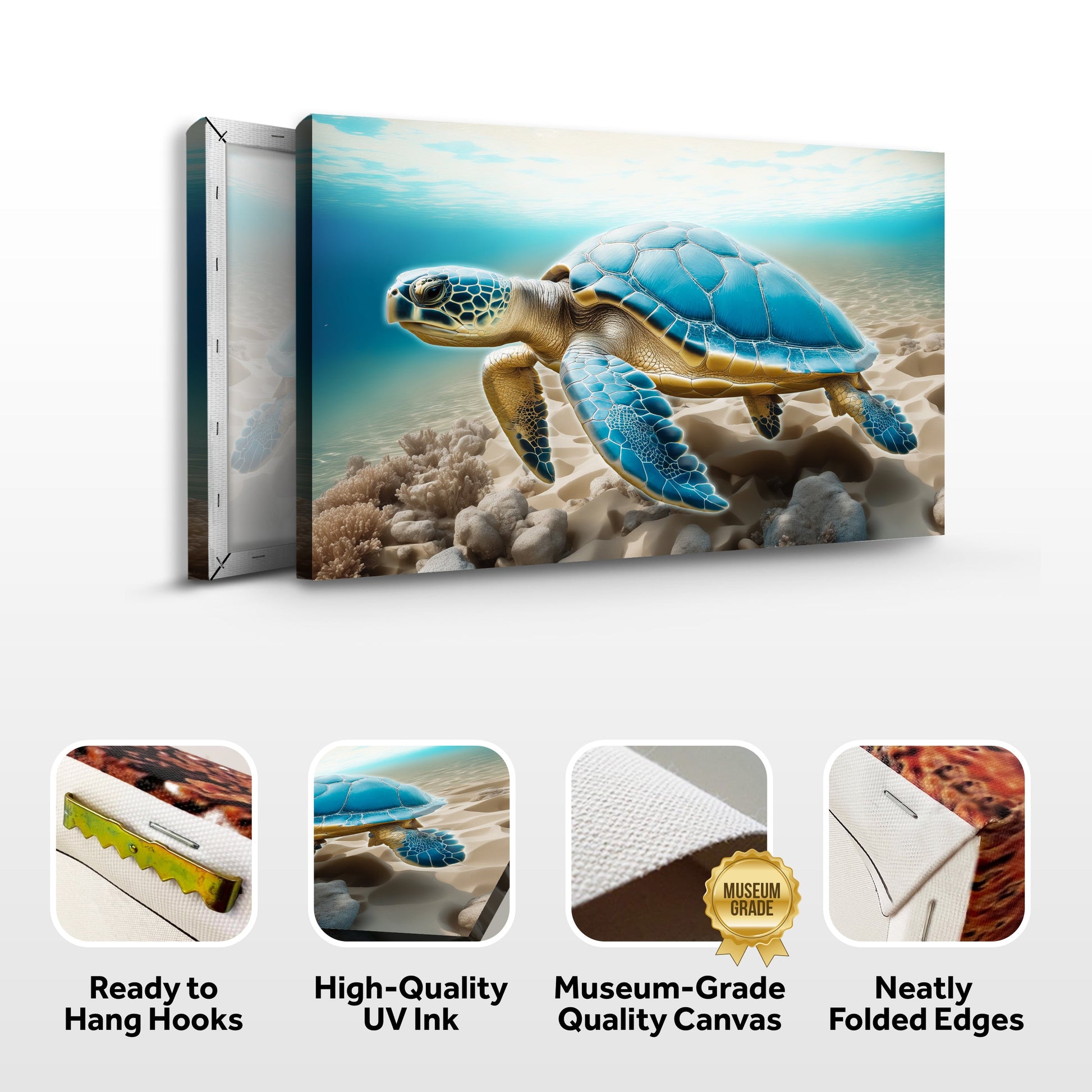 3D Coastal Wall Art VI canvas by Tailored Canvases, blue sea turtle over sandy shoreline on Tampa Home & Garden Store