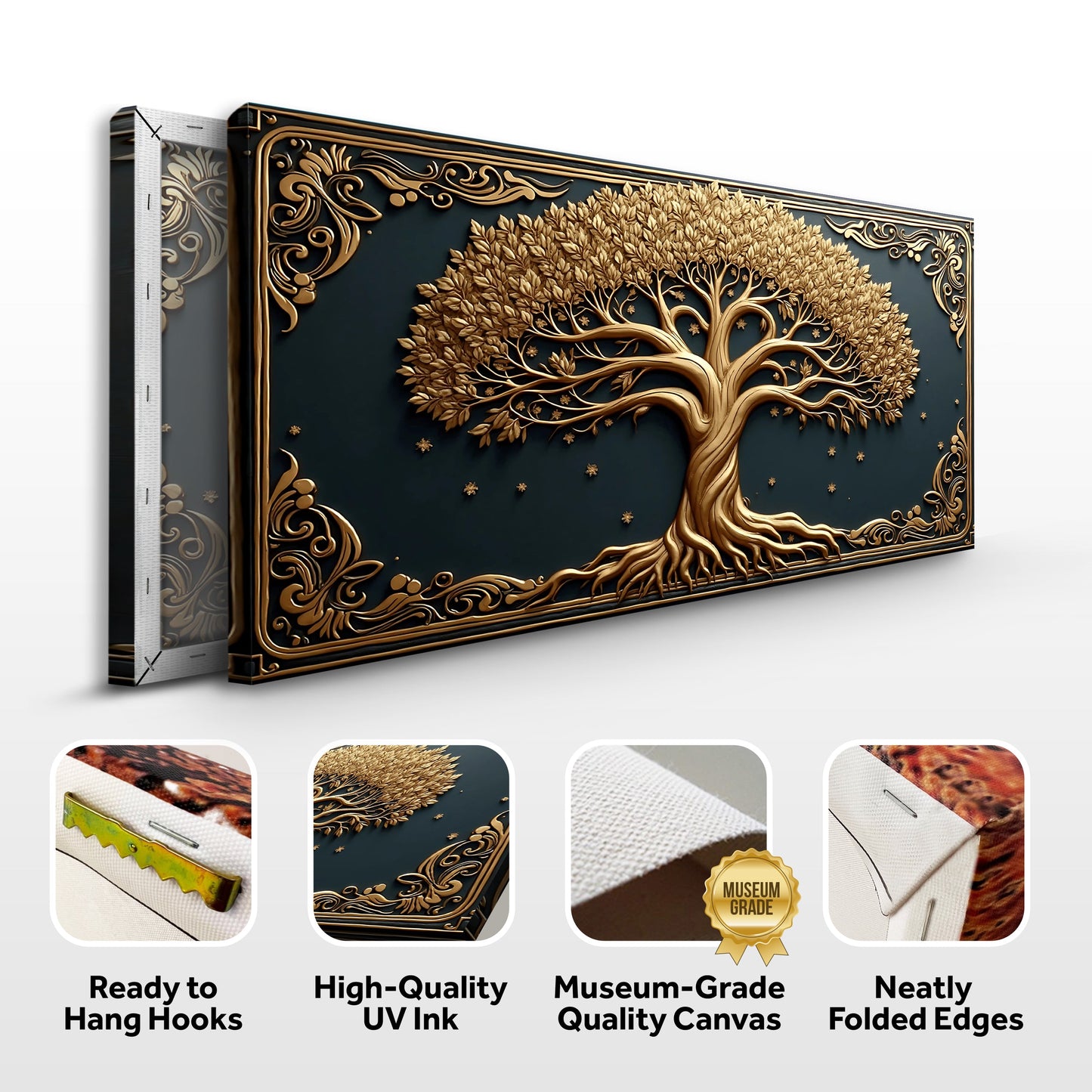 3D Celtic Tree of Life canvas wall art by Tailored Canvases, gold tree on dark background on Tampa Home & Garden Store