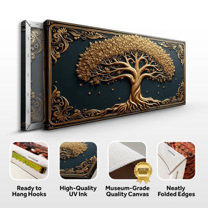 3D Celtic Tree of Life canvas wall art by Tailored Canvases, gold tree on dark background on Tampa Home & Garden Store