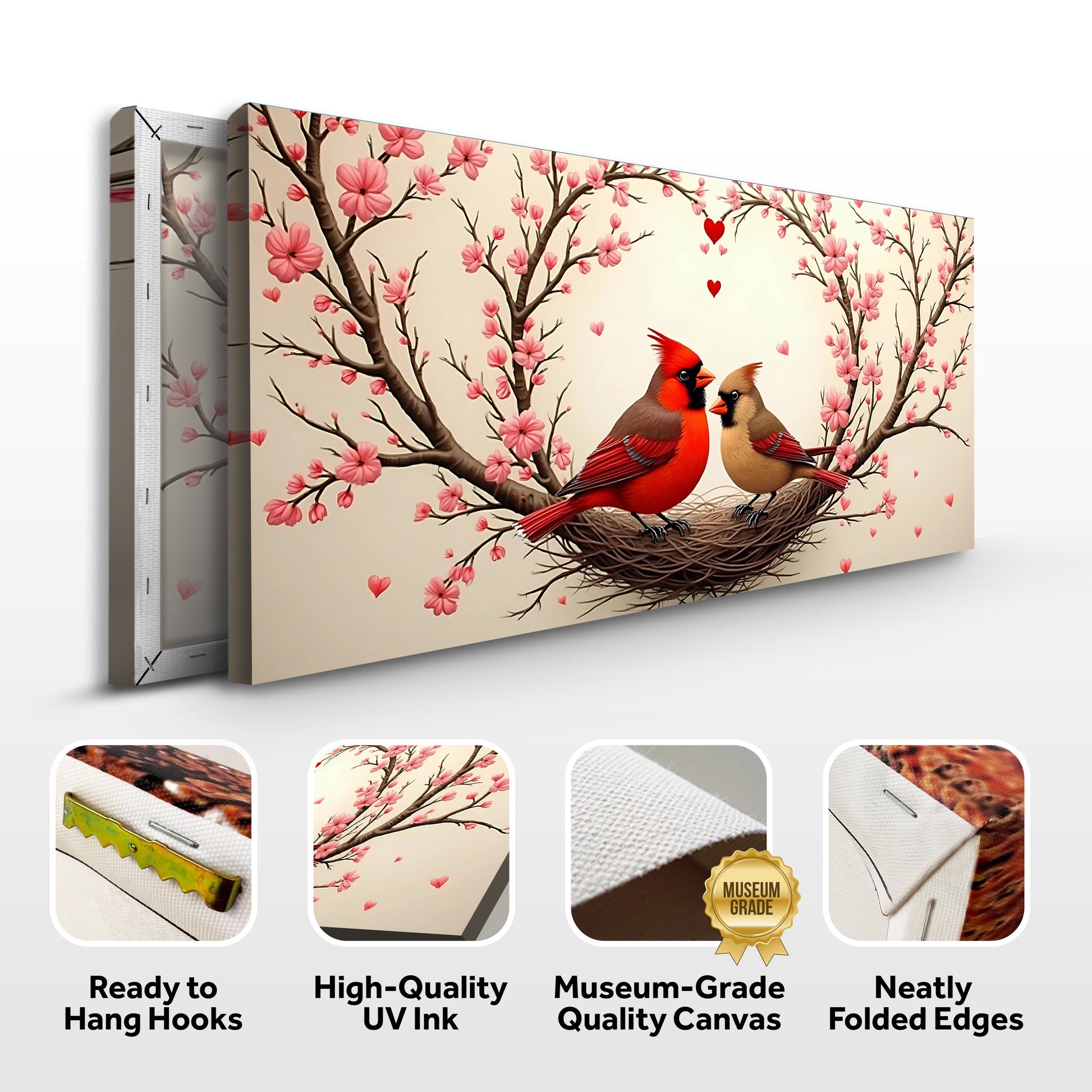 3D Cardinals Wall Art II canvas by Tailored Canvases, cardinals in a nest among pink blossoms on Tampa Home & Garden Store