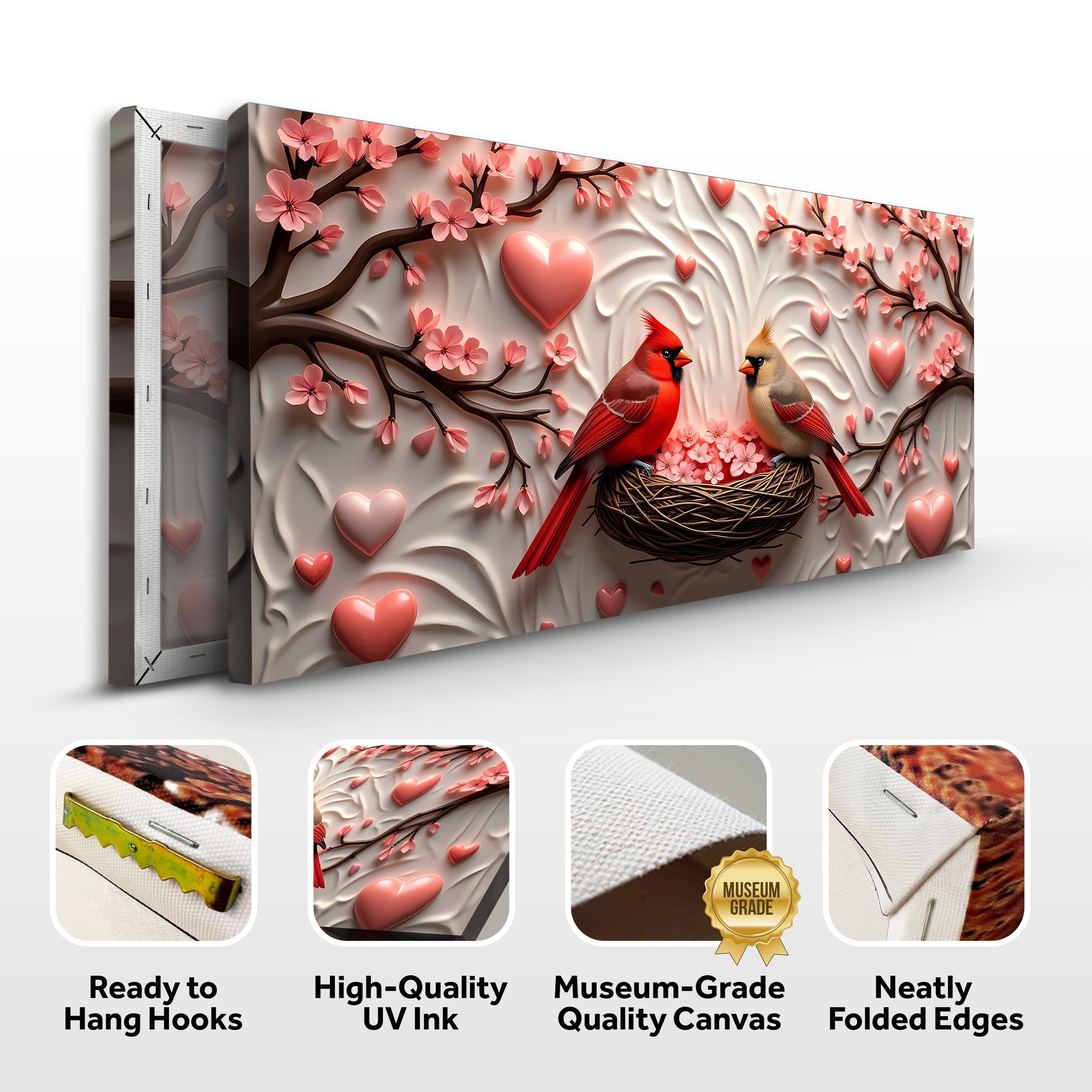 3D Cardinals Wall Art IV canvas by Tailored Canvases, pink blossoms with two cardinals on crafting canvas on Tampa Home & Garden Store
