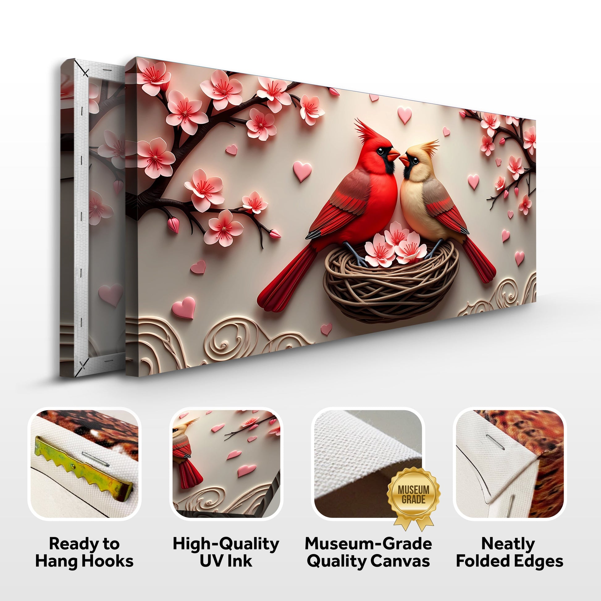 3D Cardinals Wall Art VI canvas by Tailored Canvases featuring red cardinals amid pink blossoms on Tampa Home & Garden Store