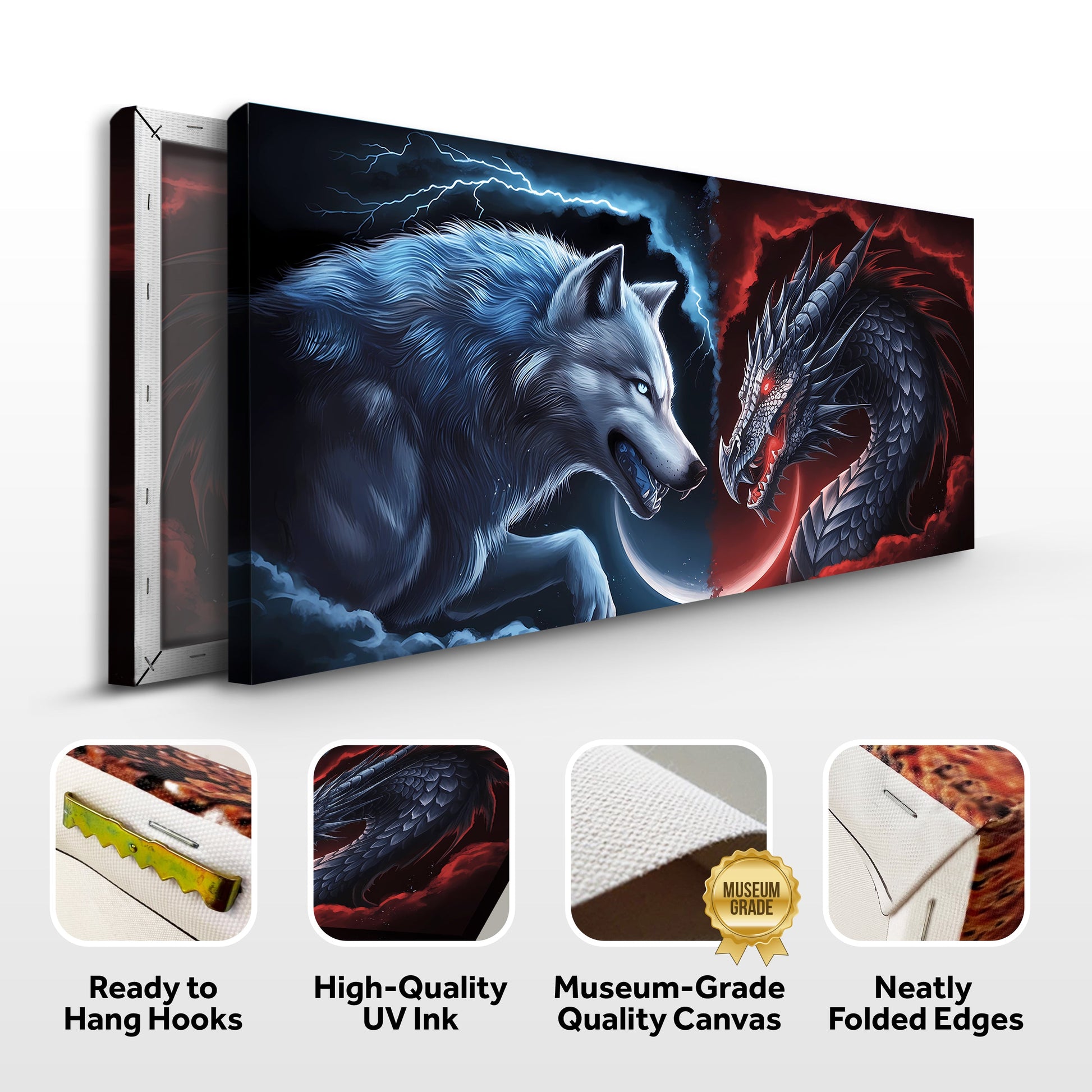 3D Dragon and Wolf Wall Art canvas by Tailored Canvases, blue wolf facing red dragon on Tampa Home & Garden Store