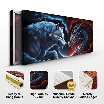 3D Dragon and Wolf Wall Art canvas by Tailored Canvases, blue wolf facing red dragon on Tampa Home & Garden Store