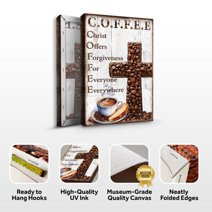 Canvas: Our C.O.F.F.E.E Faith Sign by Tailored Canvases with coffee bean cross on white wood on Tampa Home & Garden Store
