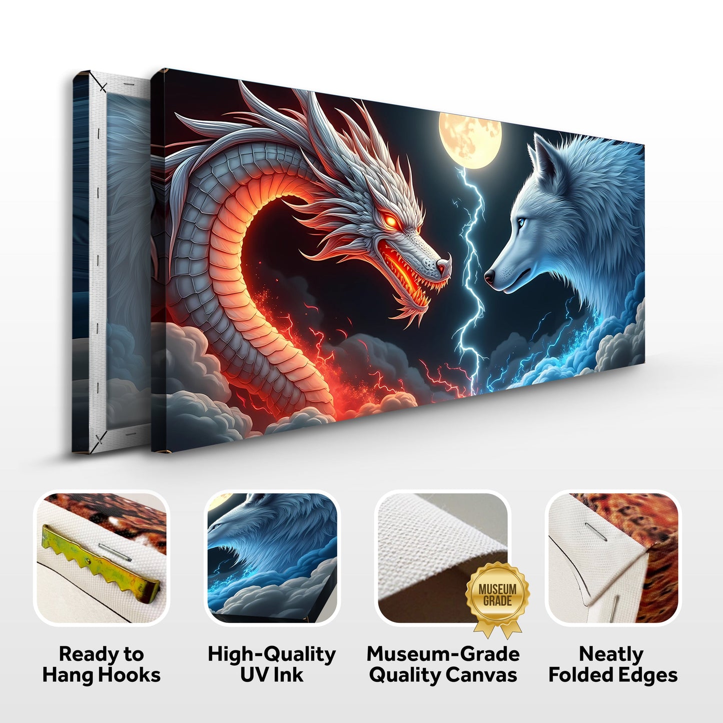 Canvas art 3D Dragon and Wolf Wall Art III Tailored Canvases, orange dragon vs blue wolf on Tampa Home & Garden Store