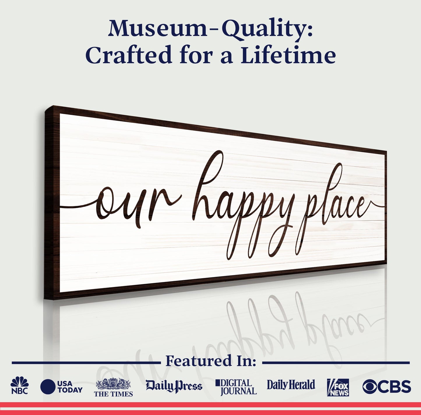 Our Happy Place Sign II canvas by Tailored Canvases, dark wood frame on Tampa Home & Garden Store