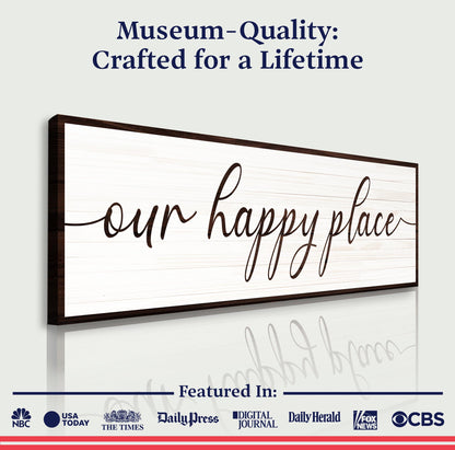 Our Happy Place Sign II canvas by Tailored Canvases, dark wood frame on Tampa Home & Garden Store