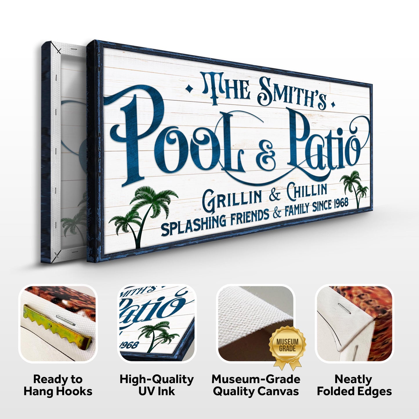 Canvas Personalized Pool Bar Sign II by Tailored Canvases, whitewash wood with blue frame on Tampa Home & Garden Store