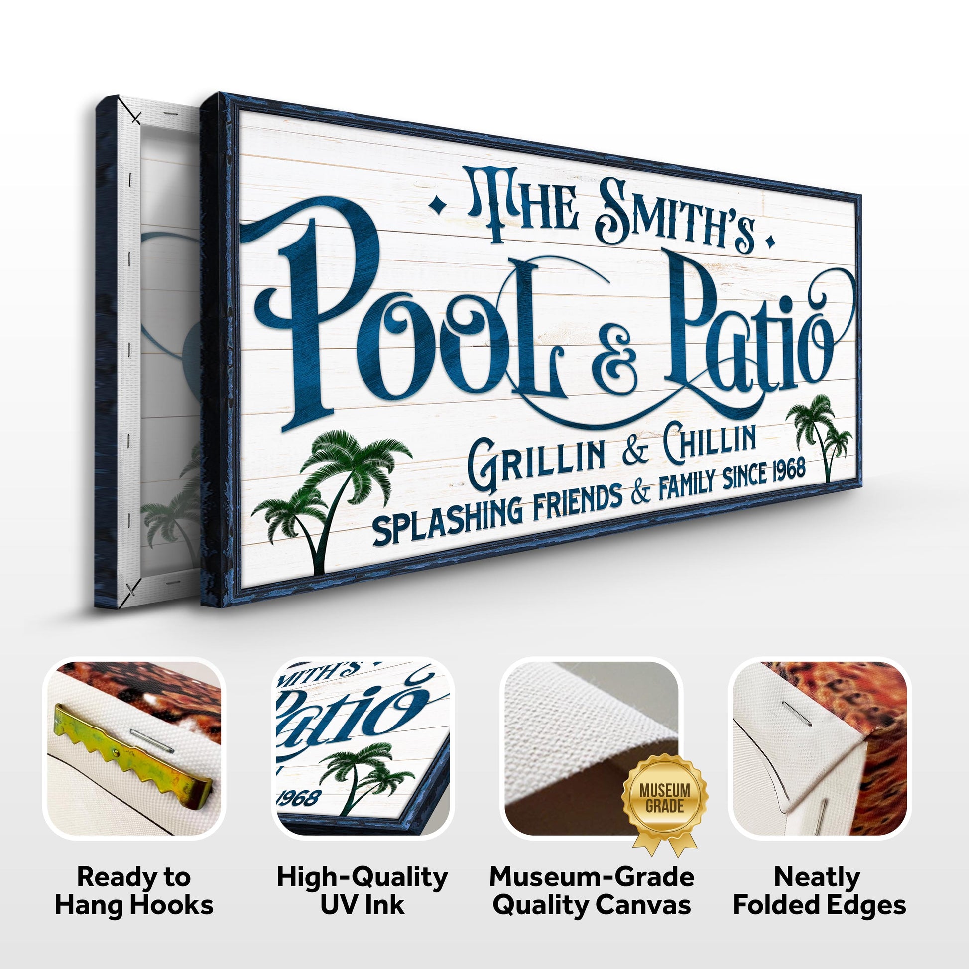 Canvas Personalized Pool Bar Sign II by Tailored Canvases, whitewash wood with blue frame on Tampa Home & Garden Store