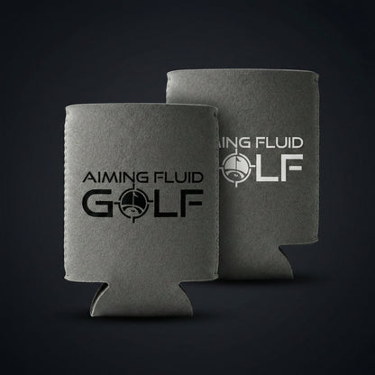 Brewski Koozie gray textured neoprene, Aiming Fluid Golf brand, 2 golf koozies displayed on Tampa Home & Garden Store