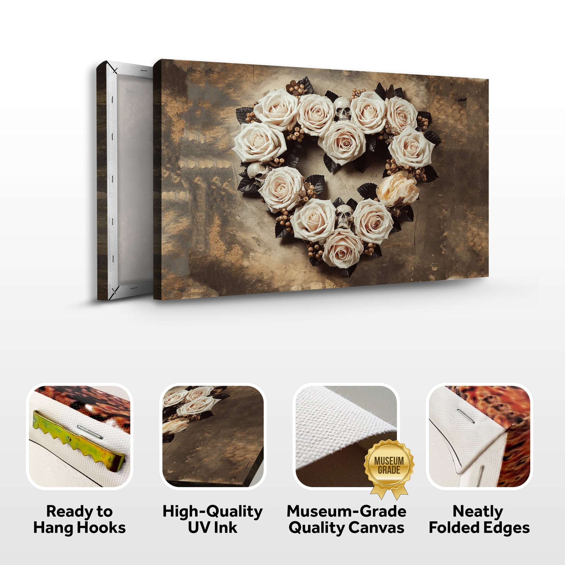 Skull and Flowers Wall Art V canvas by Tailored Canvases with cream roses on bronze background on Tampa Home & Garden Store
