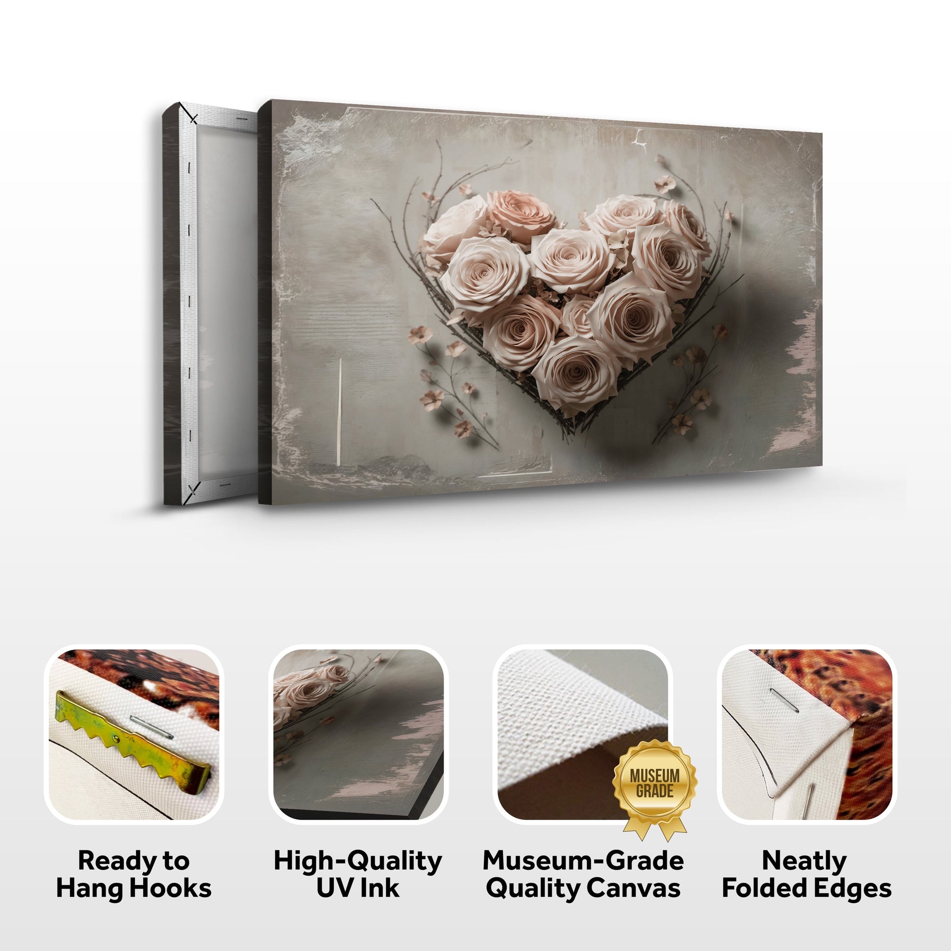 Floral Heart Wall Art Canvas Tailored Canvases, pink rose bouquet on distressed gray background on Tampa Home & Garden Store
