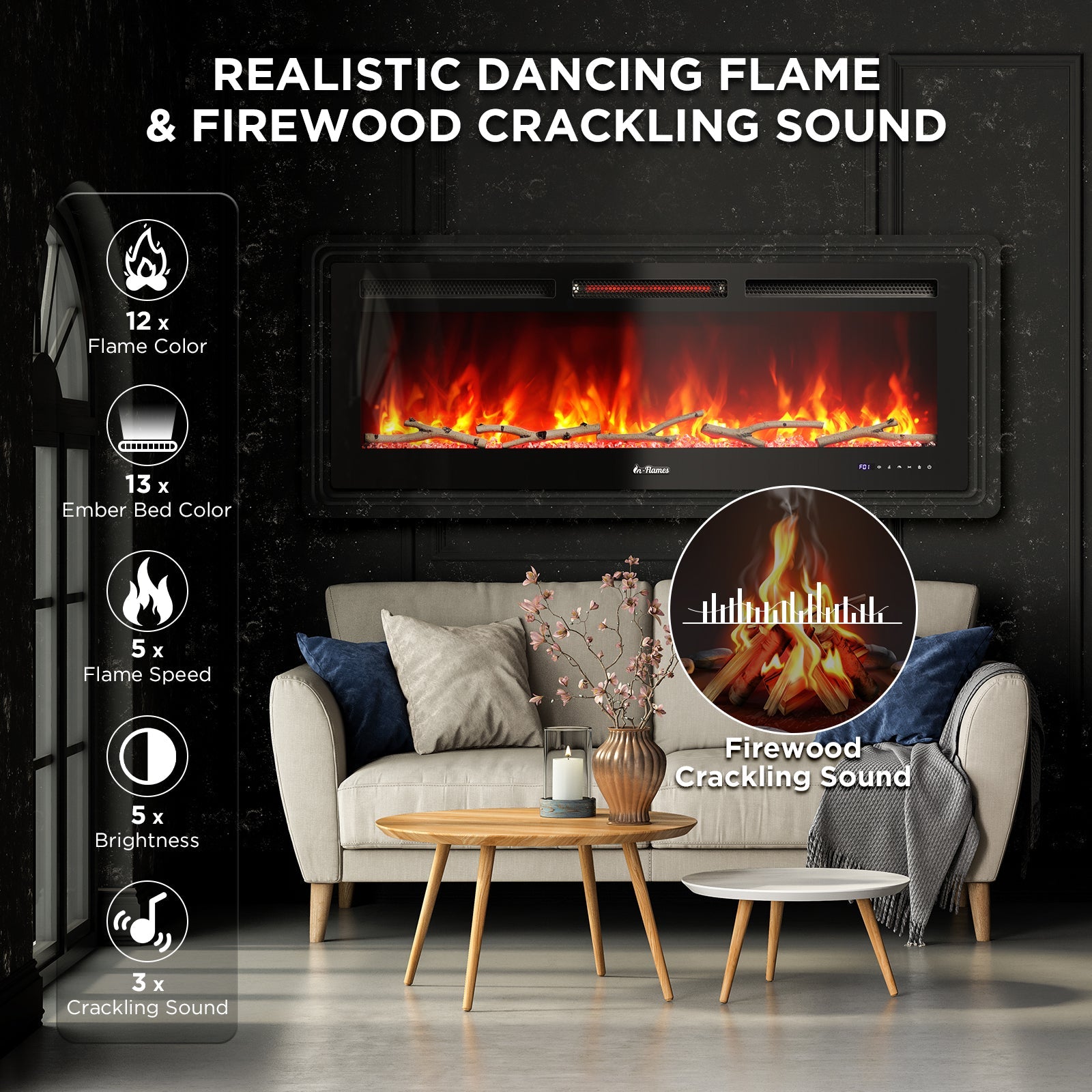In Flames INF50W-3D WiFi Smart Wall Mounted Electric Fireplace - Tempered Glass - Tampa Home & Garden Store