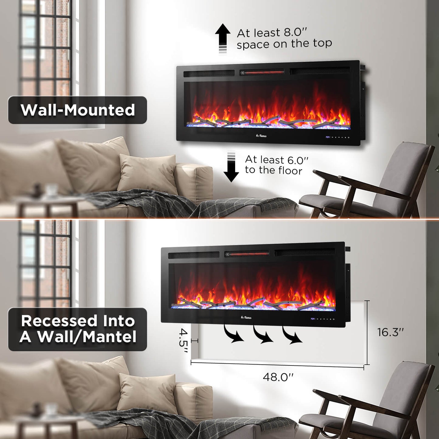 In Flames INF50W-3D WiFi Smart Wall Mounted Electric Fireplace - Tempered Glass - Tampa Home & Garden Store