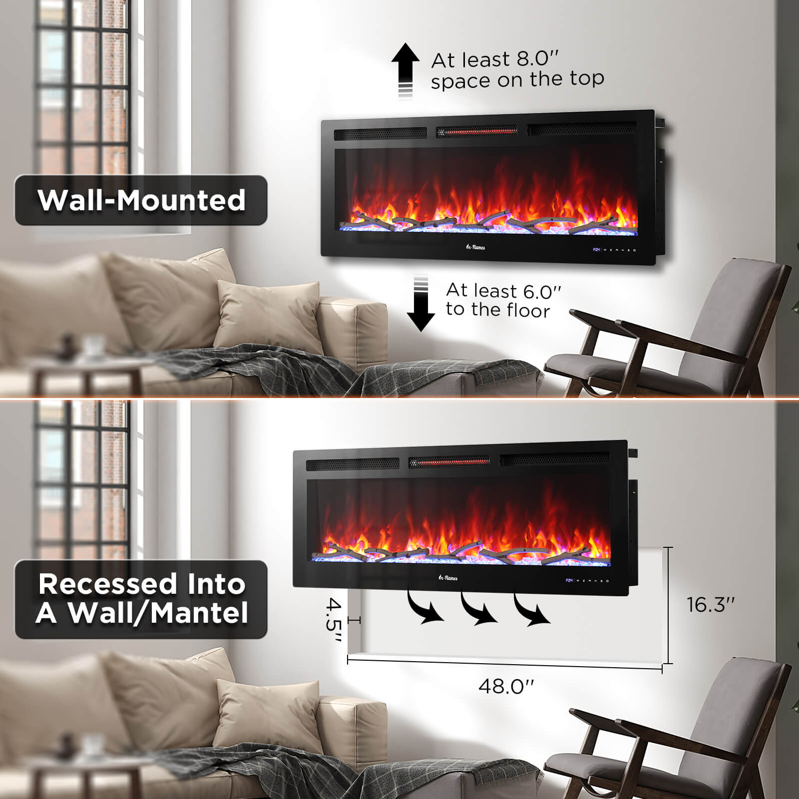 In Flames INF50W-3D WiFi Smart Wall Mounted Electric Fireplace - Tempered Glass - Tampa Home & Garden Store