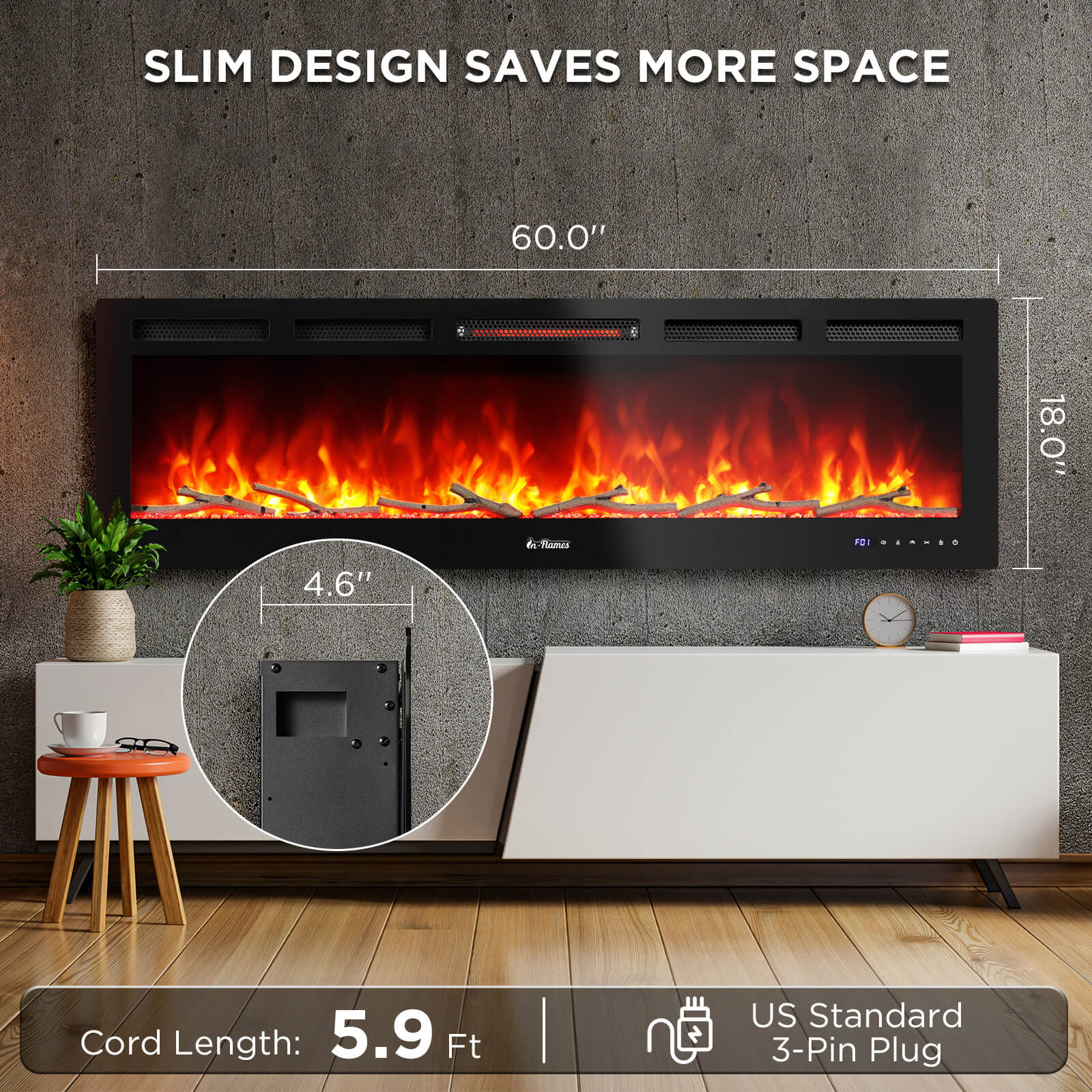 In Flames INF60W-3D WiFi Smart Wall Mounted Electric Fireplace - Tempered Glass - Tampa Home & Garden Store