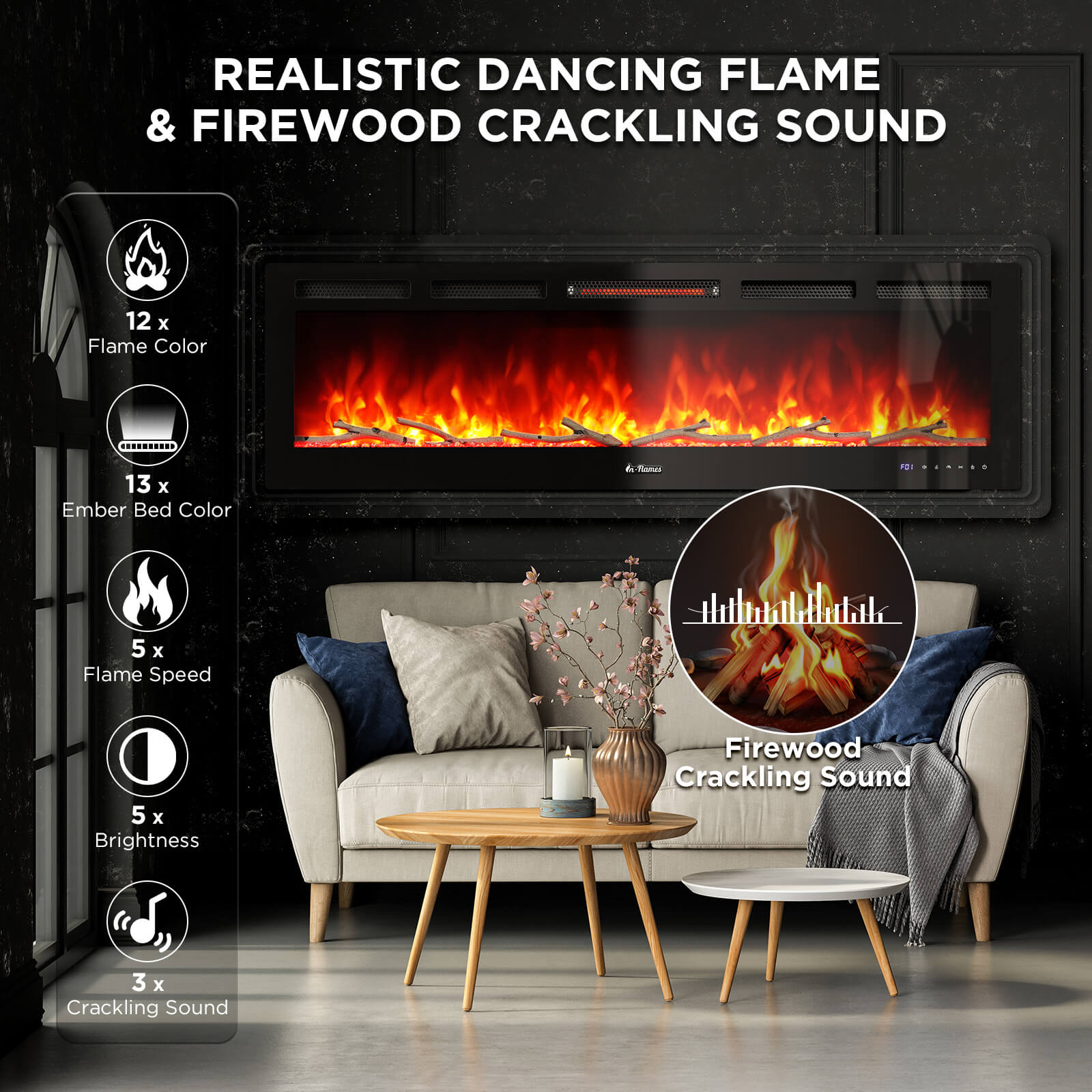 In Flames INF60W-3D WiFi Smart Wall Mounted Electric Fireplace - Tempered Glass - Tampa Home & Garden Store
