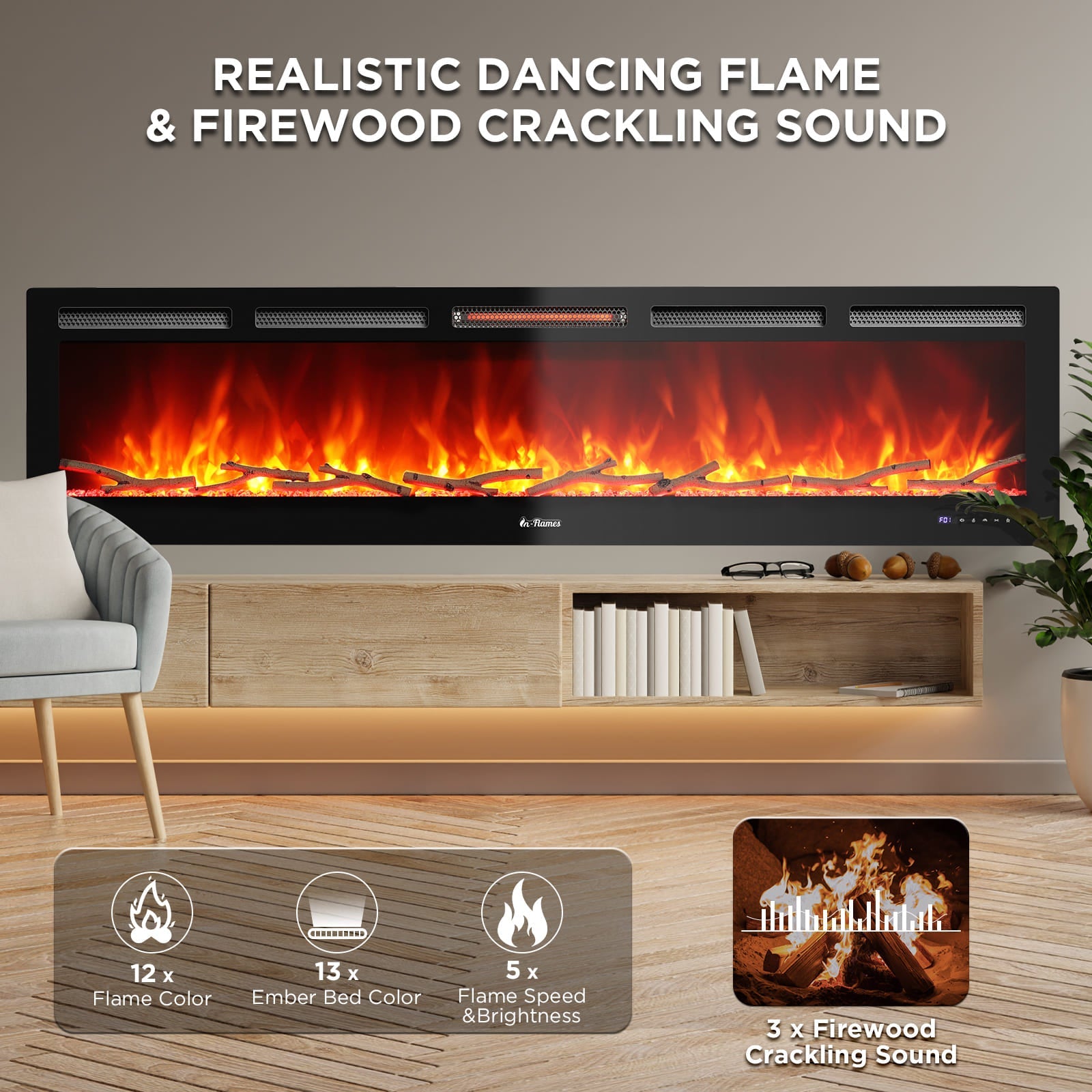 In Flames INF72W-3D WiFi Smart Wall Mounted Electric Fireplace - Tempered Glass - Tampa Home & Garden Store