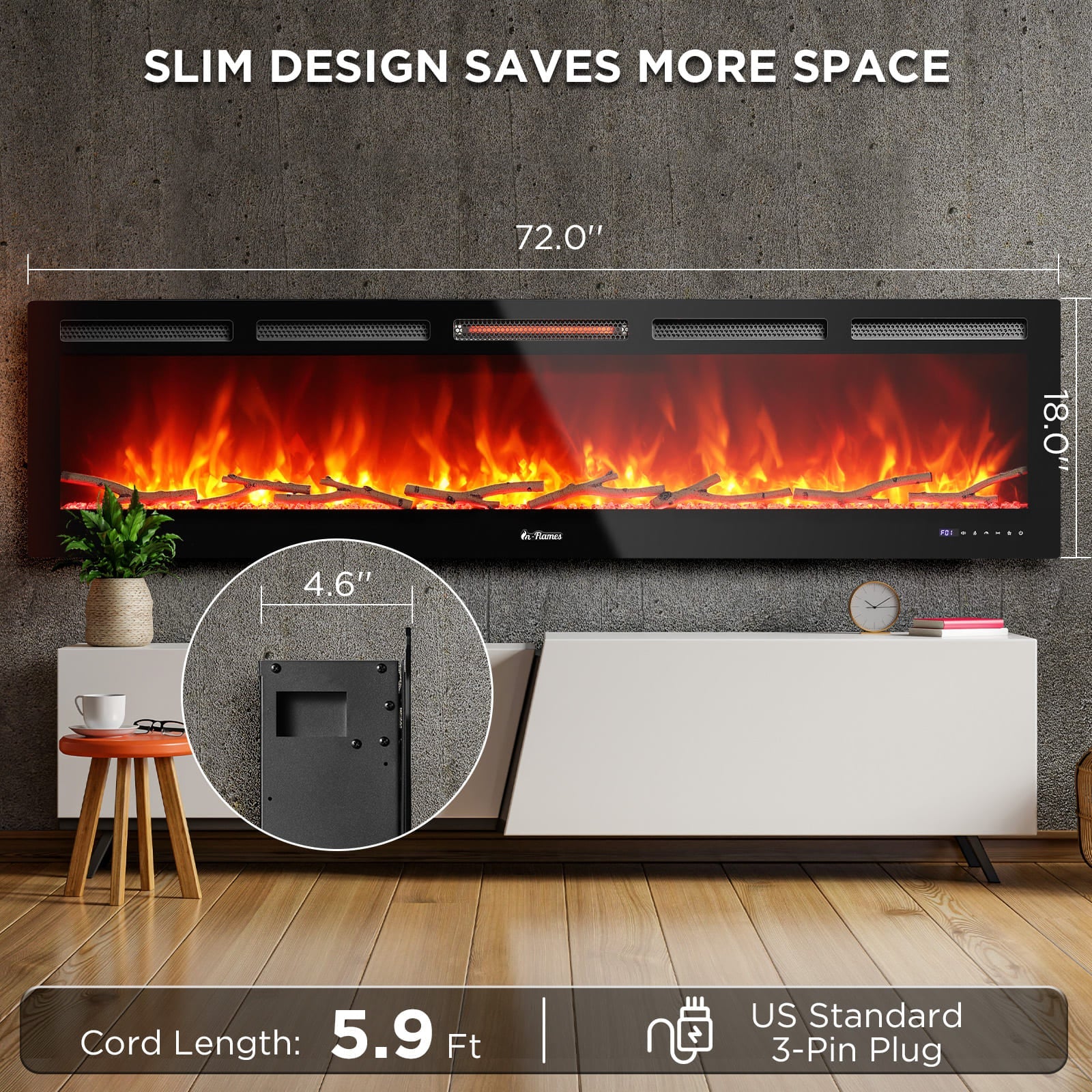 In Flames INF72W-3D WiFi Smart Wall Mounted Electric Fireplace - Tempered Glass - Tampa Home & Garden Store