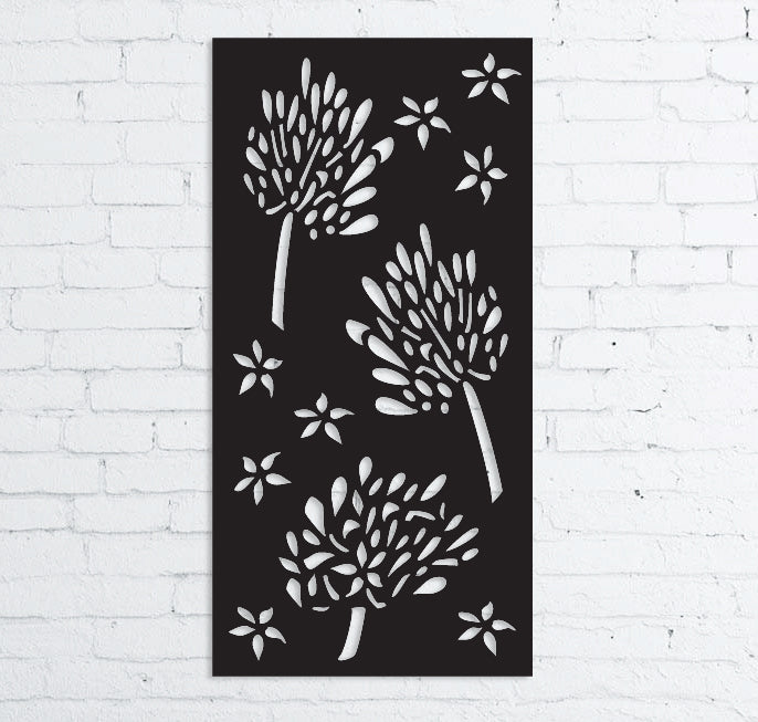 Outdoor metal privacy screen panel in black steel with tree-cutout design Rustica Ornamentals on Tampa Home & Garden Store