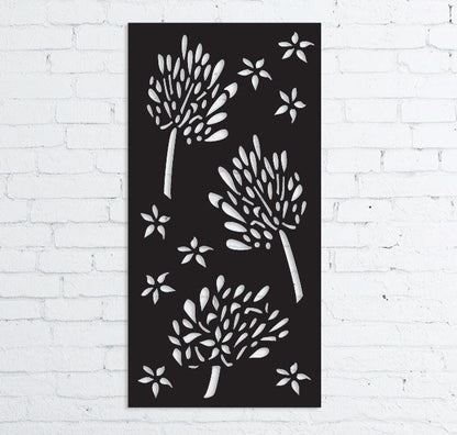 Outdoor metal privacy screen panel in black steel with tree-cutout design Rustica Ornamentals on Tampa Home & Garden Store