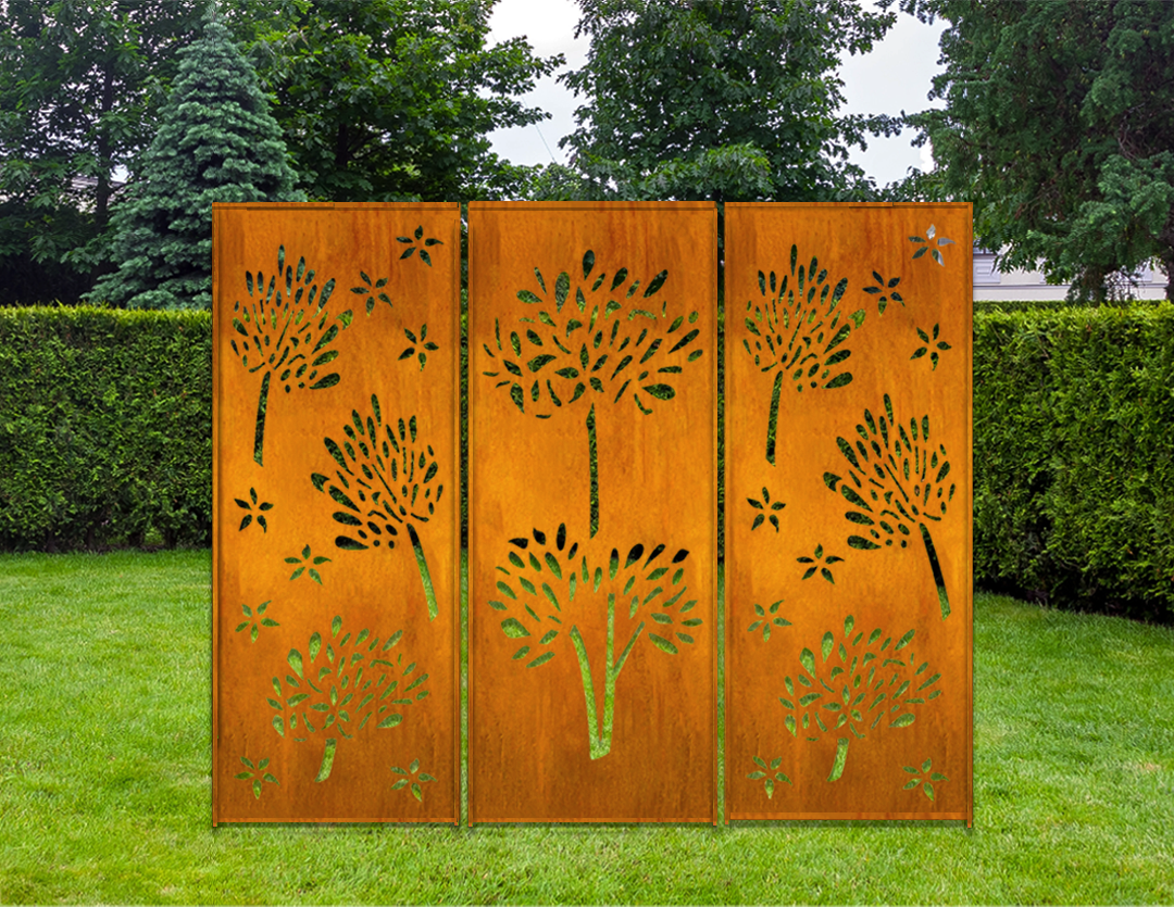 Three rust-orange outdoor steel privacy panels with tree silhouettes for patio and fence on Tampa Home & Garden Store