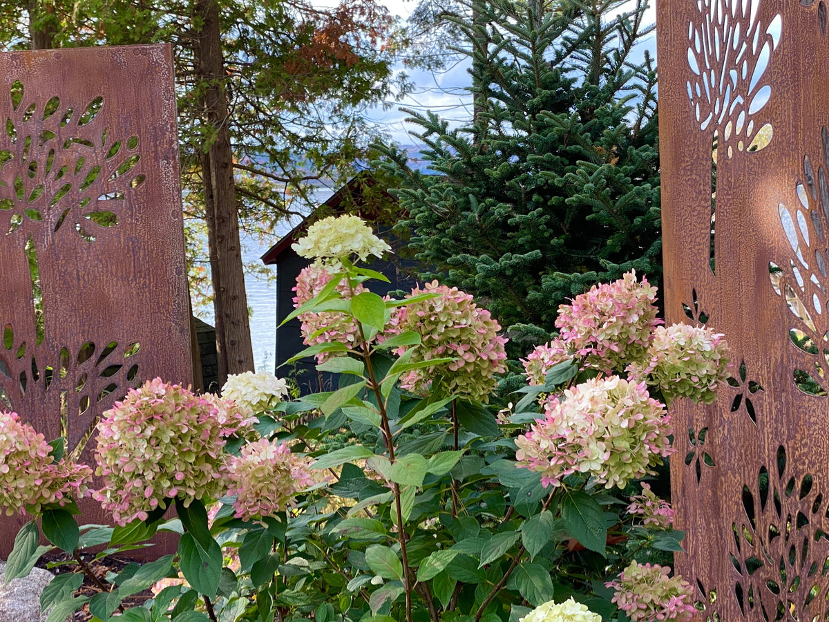 Privacy screens metal wall art by Rustica Ornamentals, rust panels with leaf motifs, pair on Tampa Home & Garden Store