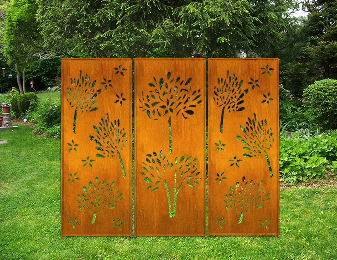 Three-panel rusted outdoor metal privacy screen in heavy-duty steel with tree cutouts on Tampa Home & Garden Store