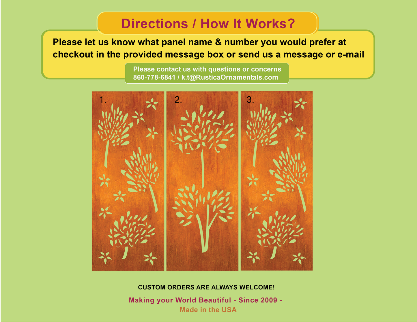 Outdoor privacy screen triptych Rustica Ornamentals orange panels with lime silhouettes on Tampa Home & Garden Store