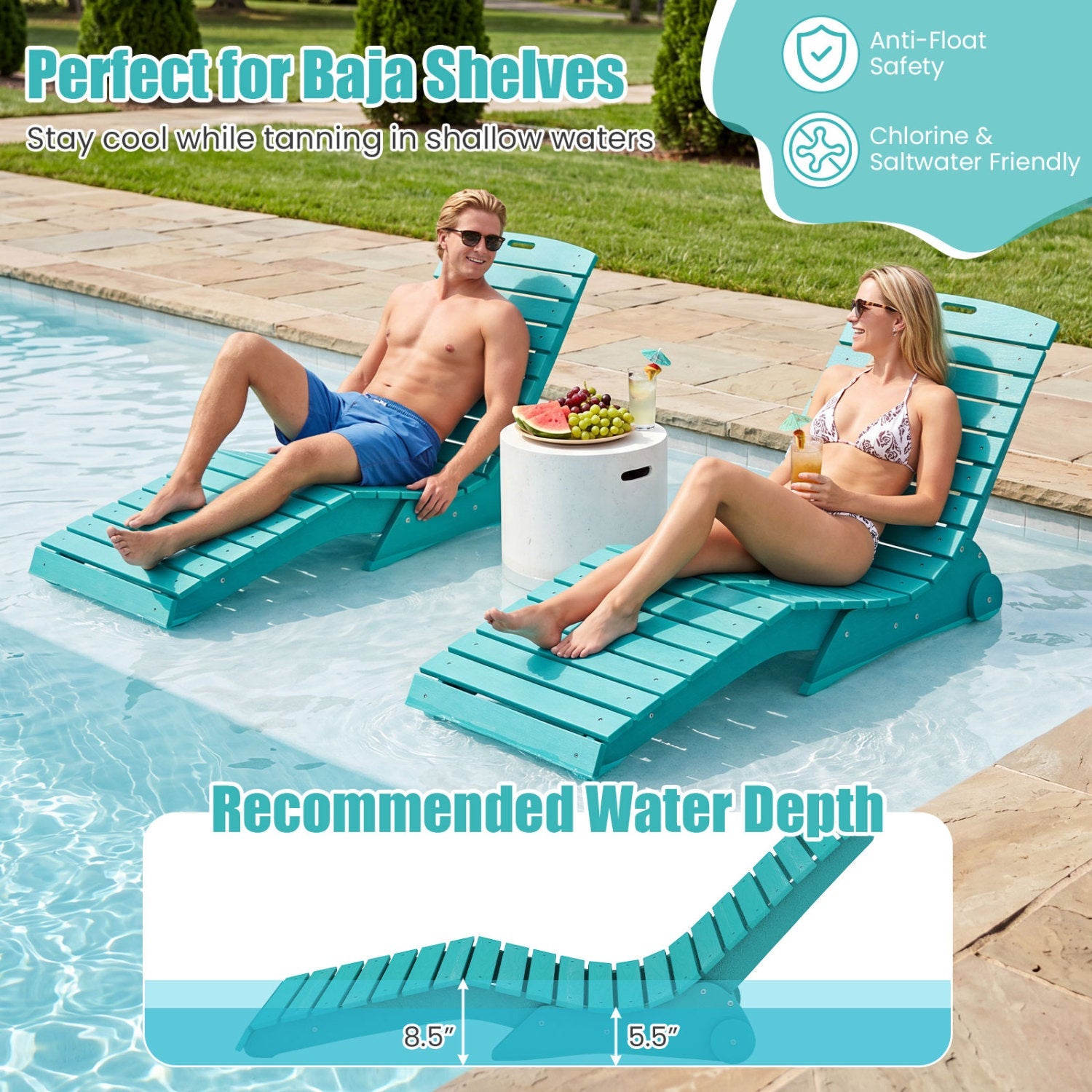 In-Pool Lounge Chair turquoise anti-float chaise with 450 lb capacity Baja Shelf poolside on Tampa Home & Garden Store