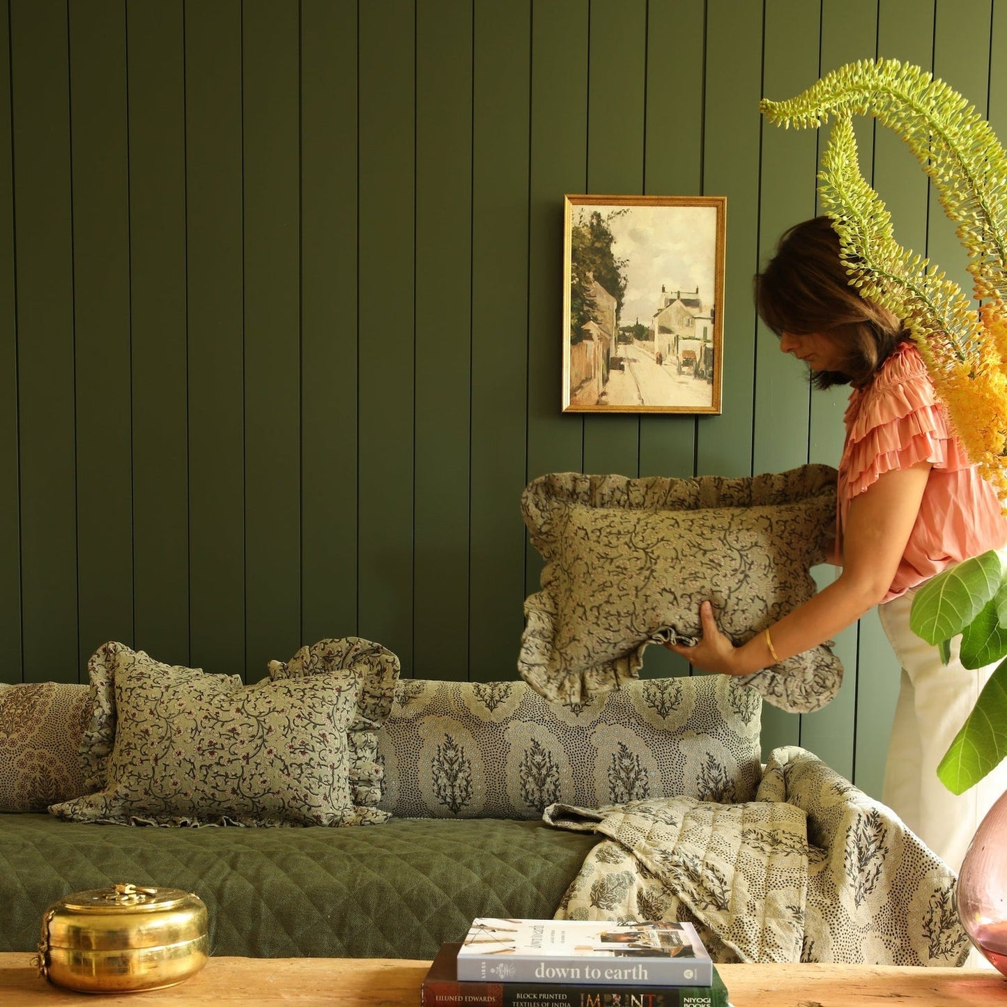 Inaya Linen Floral Throw Pillow Cover, Beachwood Ruffled - Tampa Home & Garden Store