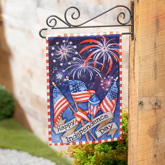 Independence Day Fireworks Garden Lustre Flag with blue field, stars and red-white border on Tampa Home & Garden Store