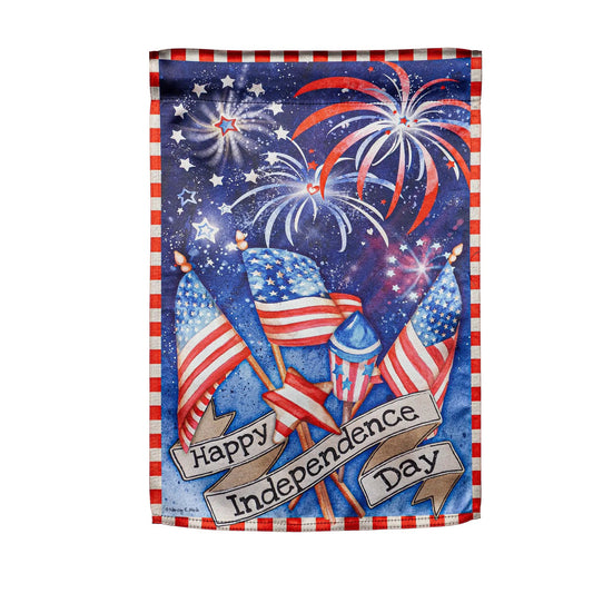 Independence Day Fireworks Garden Flag with blue lustre finish and fireworks motif on Tampa Home & Garden Store