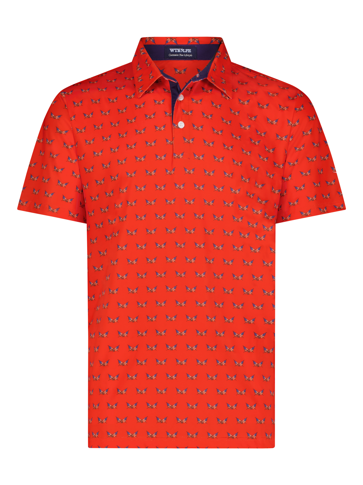 Independence Performance Polo red polo with butterfly motif, white buttons on navy placket on Tampa Home & Garden Store