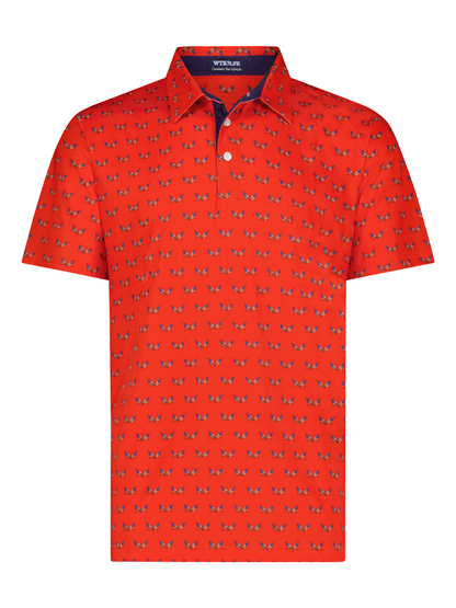 Independence Performance Polo red polo with butterfly motif, white buttons on navy placket on Tampa Home & Garden Store
