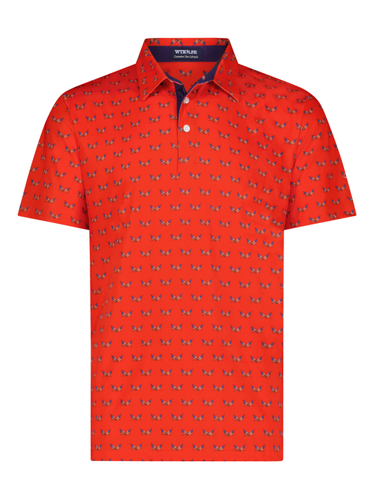 Independence Performance Polo red polo with butterfly motif, white buttons on navy placket on Tampa Home & Garden Store