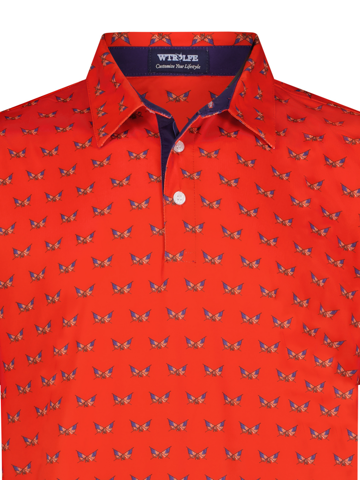 Independence Performance Polo red shirt with small blue wing print by White Water Life on Tampa Home & Garden Store