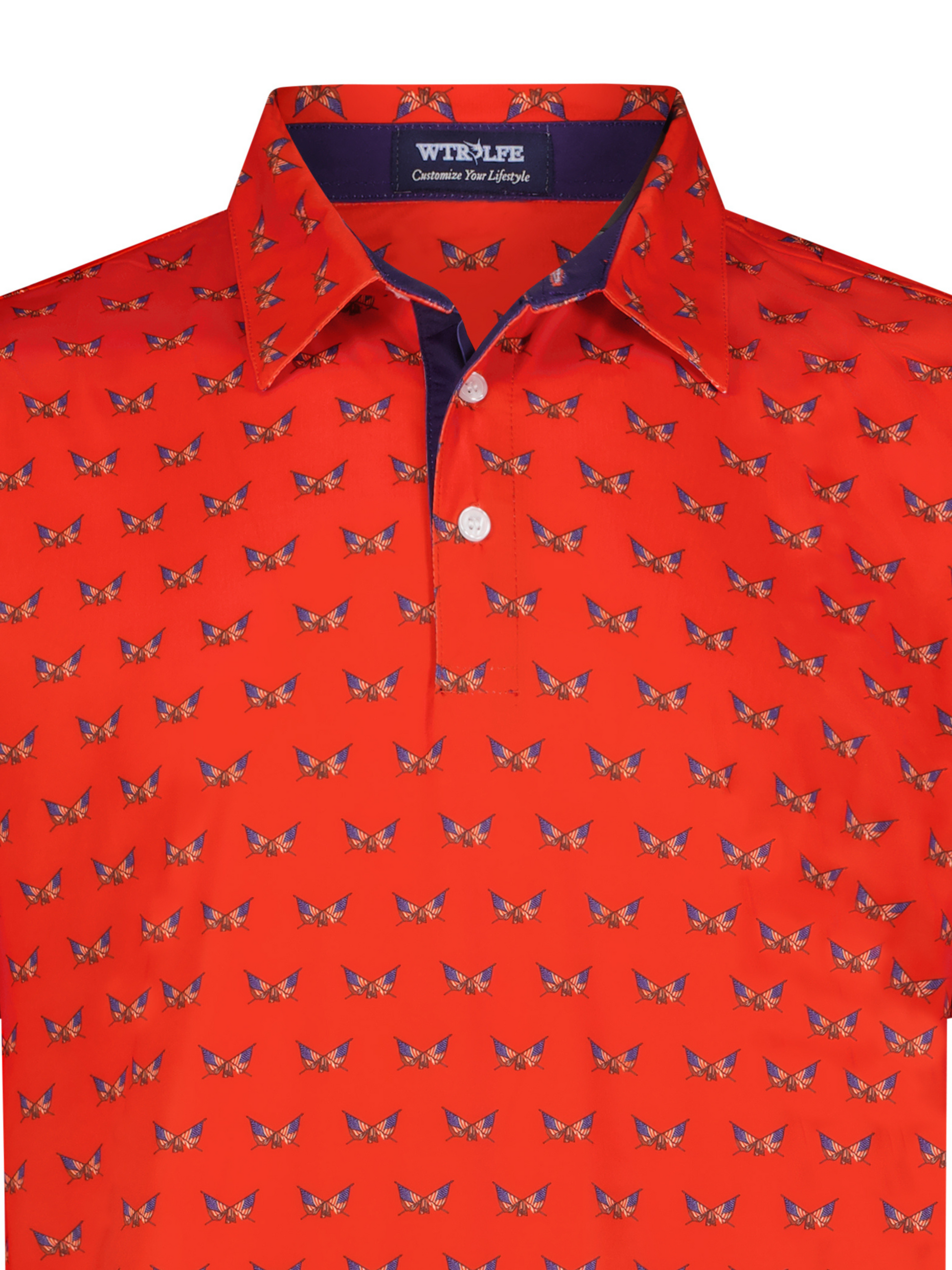 Independence Performance Polo red shirt with small blue wing print by White Water Life on Tampa Home & Garden Store