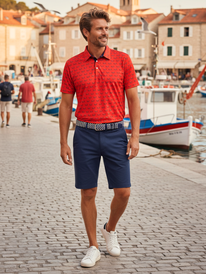 Independence Performance Polo red short-sleeve with small repeat pattern White Water Life on Tampa Home & Garden Store