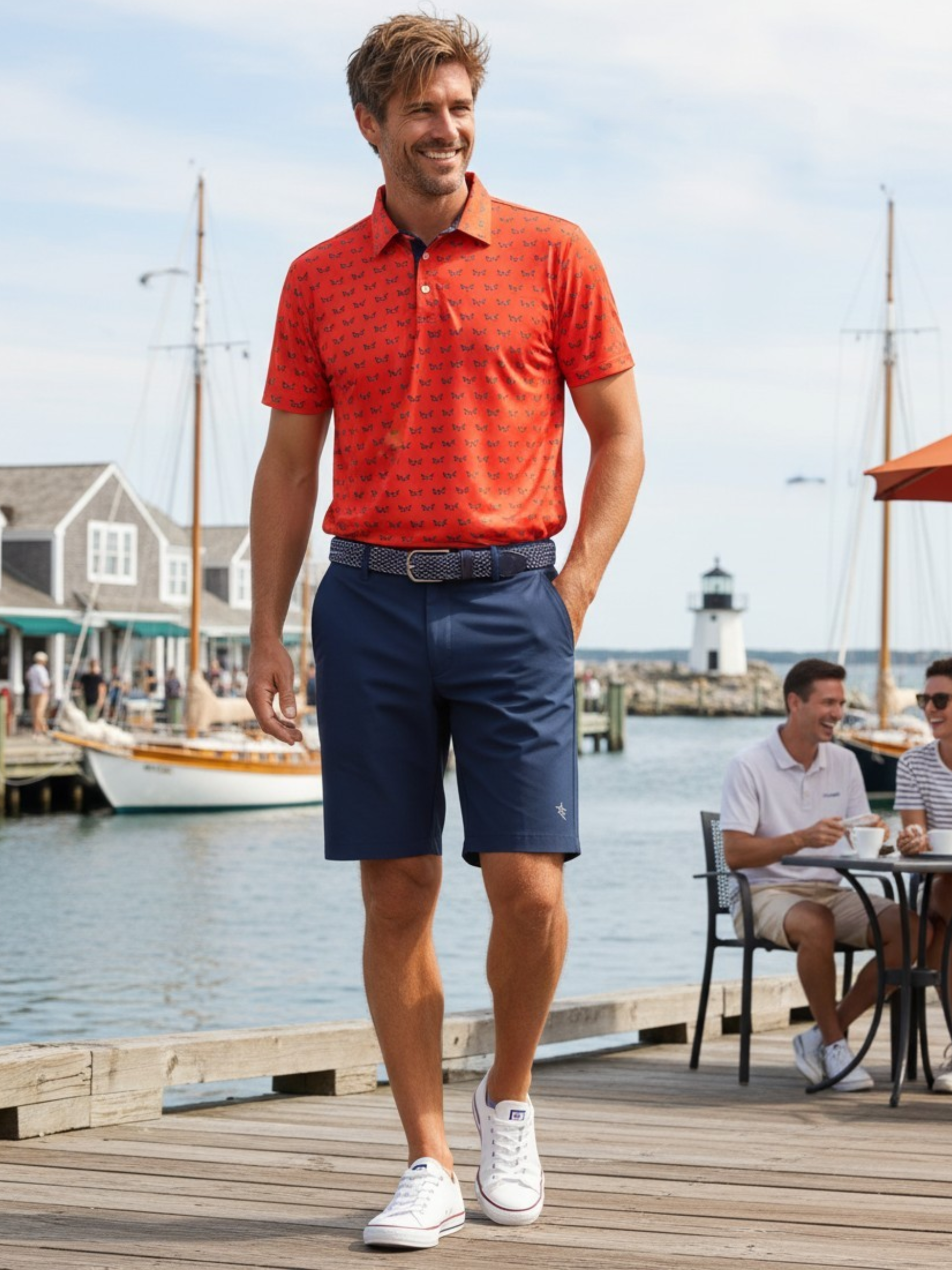 Independence Performance Polo orange with small dark pattern, men's short sleeve on Tampa Home & Garden Store