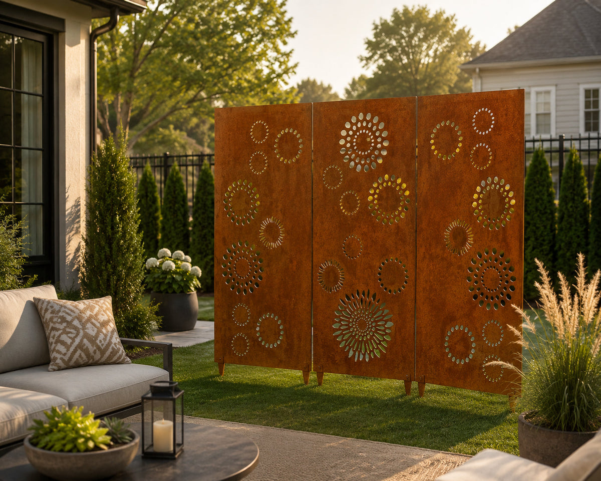 Outdoor metal privacy screens with perforations, 3-panel patio divider on Tampa Home & Garden Store
