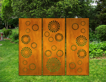 Three rust-colored steel privacy screen panels (60–72 in) with circular cutouts on Tampa Home & Garden Store